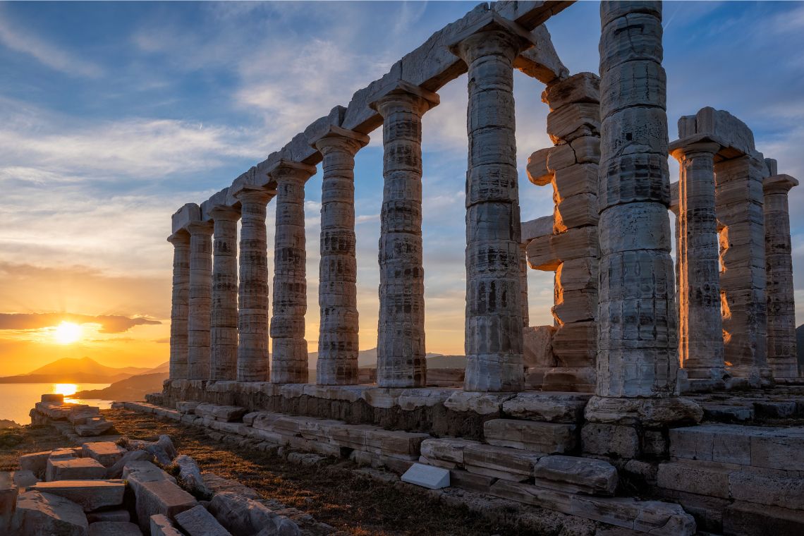 Poseidon Temple Ruins on Cape Sounio on Sunset Greece by Dmitry Rukhlenko